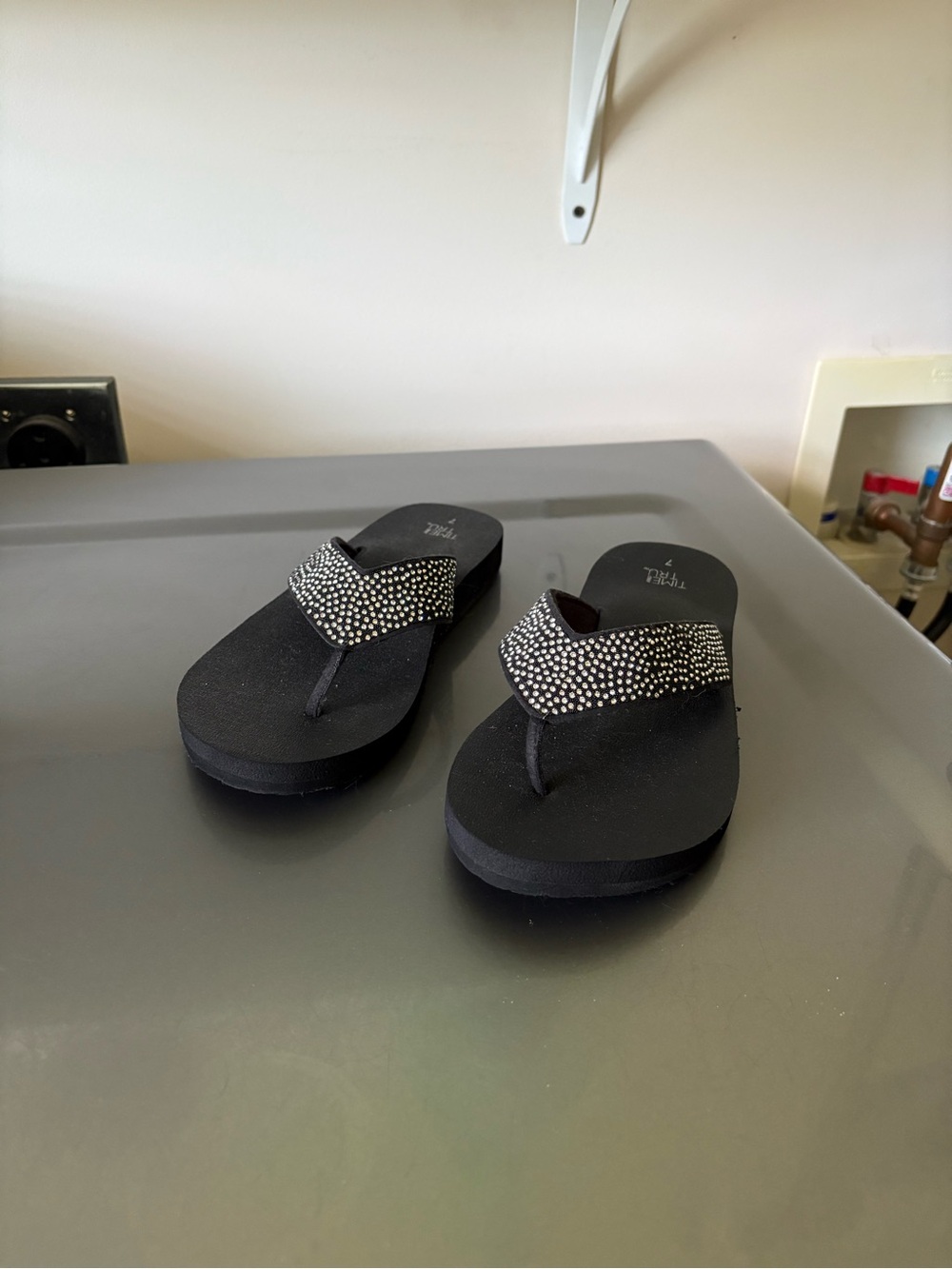 Women's Black Rhinestone Wedge Flip Flop Sandals